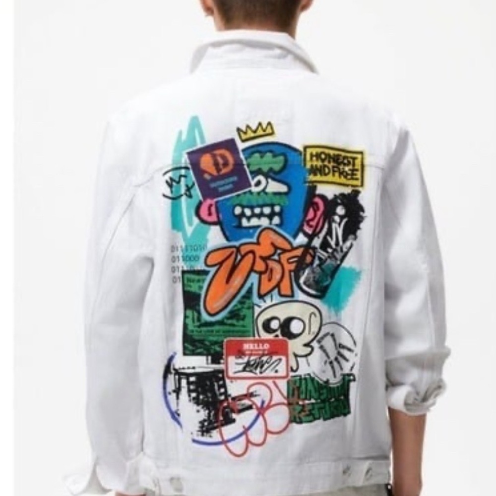 Zara Man Denim Jacket with Graffiti Style Print. Size S. NWT